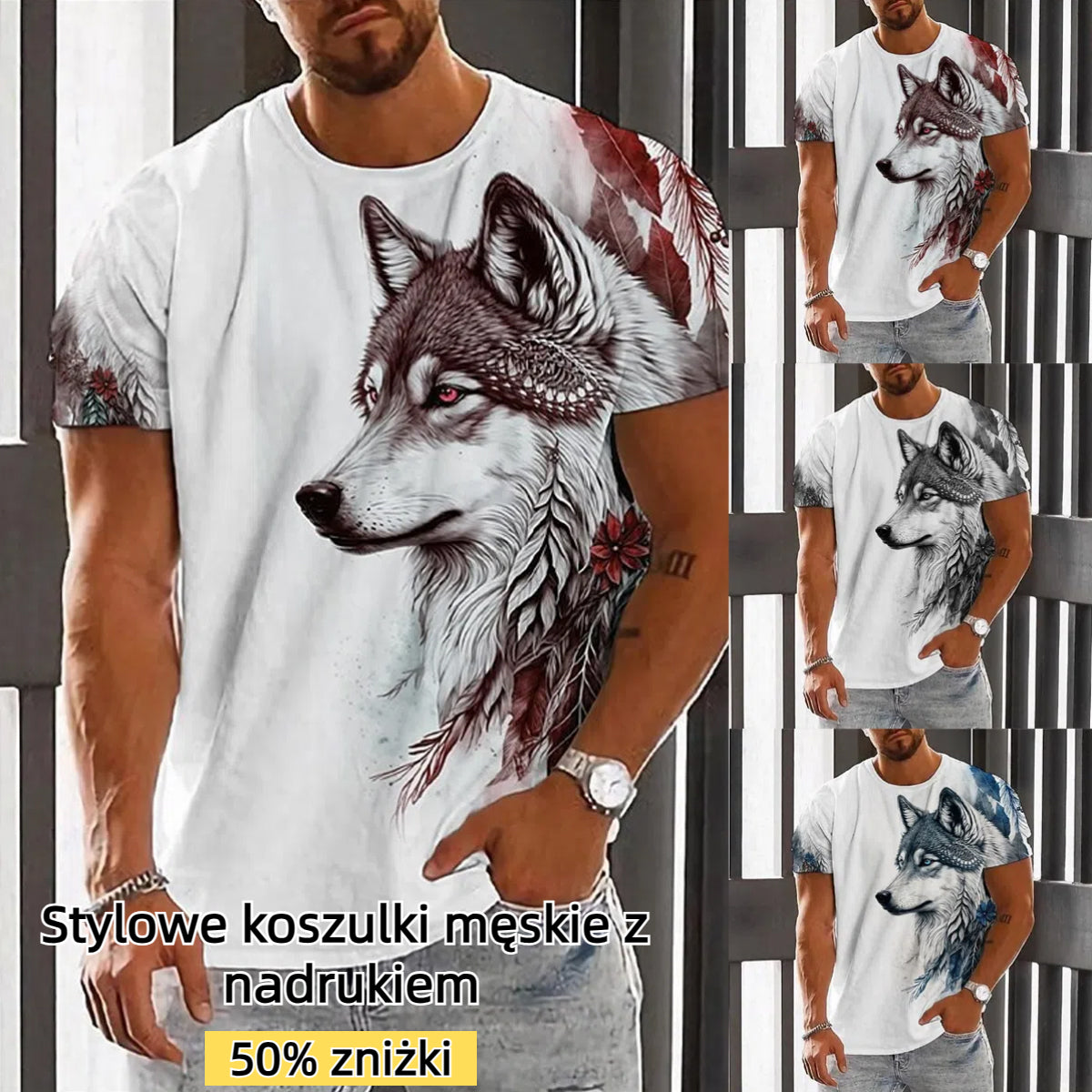 (Za pobraniem) 【S-6XL】 Modny letni męski T-shirt z nadrukiem Wolf King