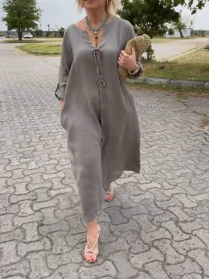 💖👗【S-5XL】Codzienna sukienka z bawełny i lnu, z dekoltem w kształcie litery V--3683479